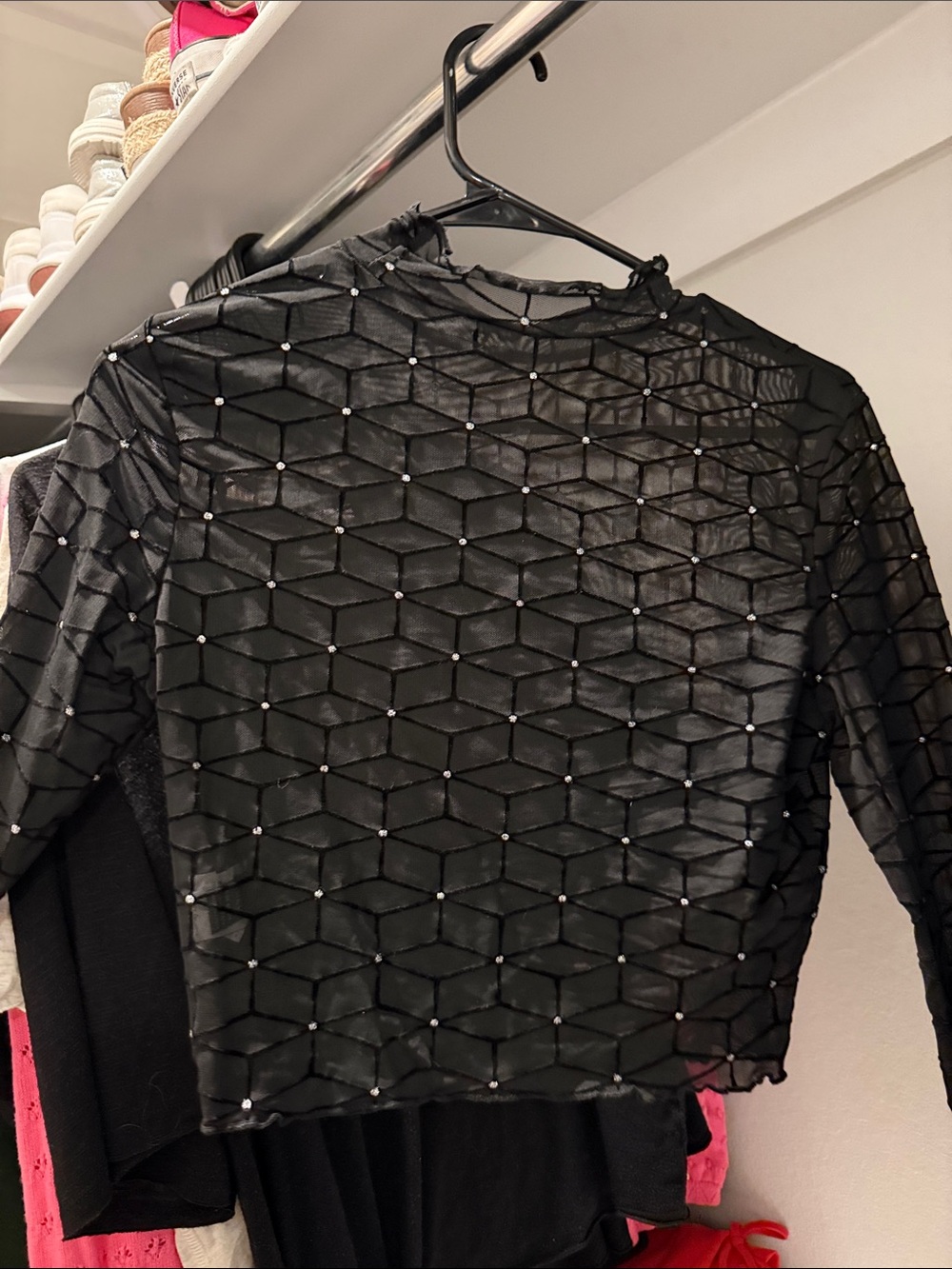 Black Sheer Geometric Mesh Long-Sleeve Top